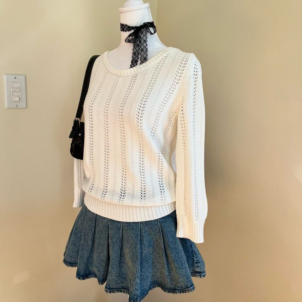 Coquette White Pointelle Crochet Knit Sweater Top Girly Lolita Lace Preppy M - Picture 4 of 10